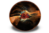 This is a beautiful 9 inch stoneware bowl in rich toasted brown and black colors accented with red. Handmade pottery fired to 2400° by Prairie Fire Pottery. This is an overhead view of the bowl.