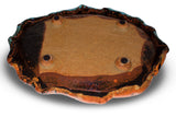 14 inch hand build plate crafted in high-fired stoneware clay. Handmade pottery by Prairie Fire Pottery. Turquoise and brown glaze colors accented with red.  Back side bottom view.