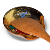 5 inch handmade pottery spoon rest in earth tone and red colors.  Hand made by Prairie Fire Pottery.  High-fired stoneware clay.  This is an overhead view of the product.