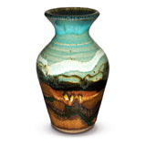 Classic seven inch flared-neck vase in a blend of turquoise and toasted brown, accented with a ribbon of white.  Handmade pottery.  Wheel-thrown stoneware clay.  Hand made by Prairie Fire Pottery.
