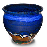 7 inch spoon crock in cobalt blue & brown . Hand made from stoneware clay. Handmade pottery by Prairie Fire Pottery.