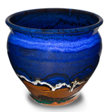 7 inch spoon crock in cobalt blue & brown . Hand made from stoneware clay. Handmade pottery by Prairie Fire Pottery.