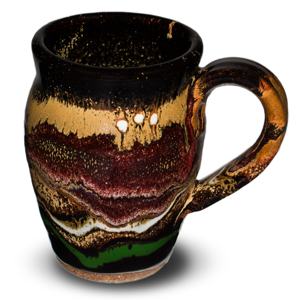 Handmade pottery coffee mug in soft earth tone colors accented in red.  Hand made in the U.S.A. by Prairie Fire Pottery.