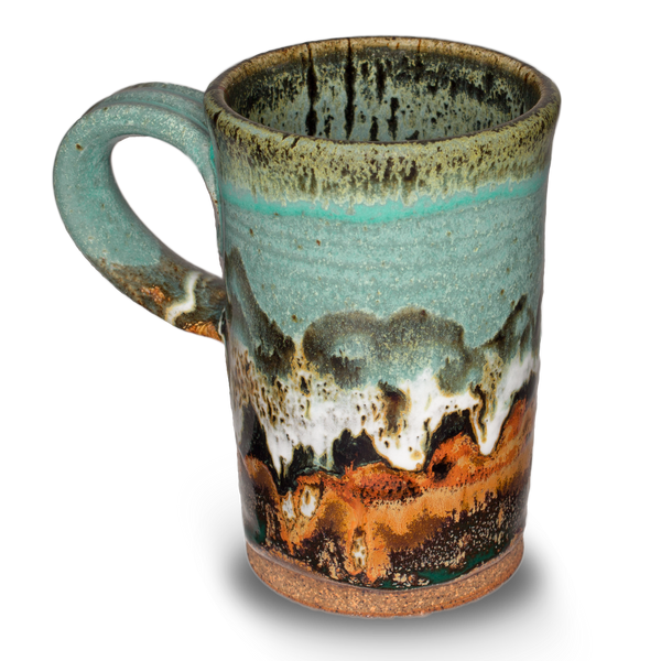 10 ounce stoneware mug in turquoise and brown glaze colors.  Wheel-thrown pottery by Prairie Fire Pottery.  High-fired to 2400°.  Hand made in the U.S.A.