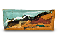 Turquoise-brown rectangular tray. 12 1/2 inches long. Handmade pottery by Prairie Fire Pottery. Hand made in the U.S.A. High-fired stoneware clay.  This is the overhead view.