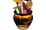 Spoon view of a beautiful toasted orange over red on a handmade pottery spoon crock.  Hand made by Prairie Fire Pottery.
