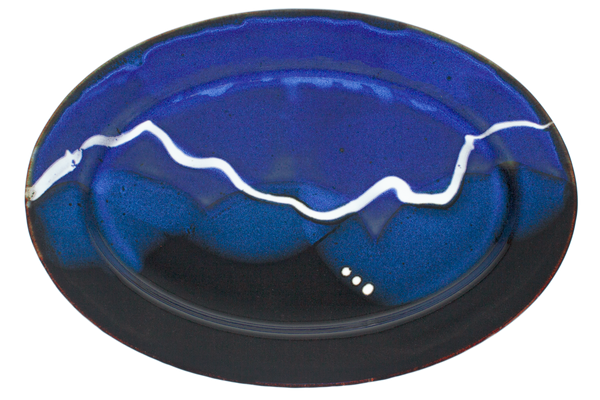 Beautiful cobalt blue and black oval plate.  Handmade pottery by Prairie Fire Pottery.  Overhead view.