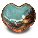 Very pretty turquoise & brown Heart Bowl. Stoneware clay. Handmade pottery. Hand made by Prairie Fire Pottery. Overhead viewview.