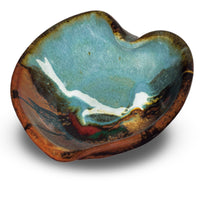Very pretty turquoise & brown Heart Bowl. Stoneware clay. Handmade pottery. Hand made by Prairie Fire Pottery. 3/4 view.