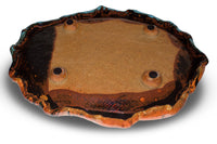 14 inch hand build plate crafted in high-fired stoneware clay. Handmade pottery by Prairie Fire Pottery. Turquoise and brown glaze colors accented with red.  Back side bottom view.