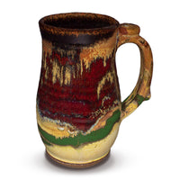 Large 24 ounce tankard mug in earth tone and red glaze colors.  Handmade pottery by Prairie Fire Pottery.  This is the right side view.  Hand made and wheel-thrown in stoneware clay.