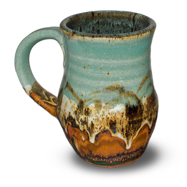 Turquoise and brown stoneware mug. Wheel-thrown. Handmade pottery by Prairie Fire Pottery. 14 ounce size.