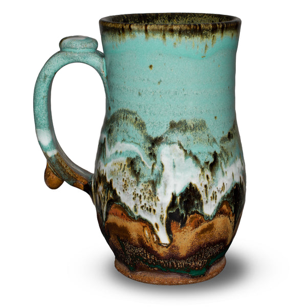 Stoneware mug. Handmade pottery. Turquoise-Brown color combination. Hand made by Prairie Fire Pottery.  Made in the U.S.A. 