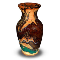 Classic flared-neck vase in beautiful earth tones and red glaze colors. This is handmade pottery by Prairie Fire Pottery. Hand crafted in stoneware clay and high-fired to 2400•.
