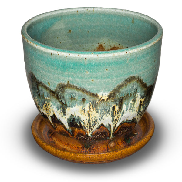 Small 5 inch succulent planter in beautiful turquoise and brown glaze colors.  Handmade pottery by Prairie Fire Pottery.  Hand made in the United States.