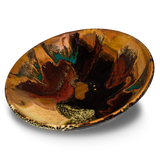 9 inch wheel-thrown bowl in beautiful earth tones and red.  Hand crafted in stoneware clay and high-fired to 2400°.  Handmade pottery by Prairie Fire Pottery.  3/4 view.