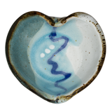Turquoise and white Heart Bowl.  Handmade pottery.  Hand made by Prairie Fire Pottery in high-fired stoneware clay.  Overhead view.