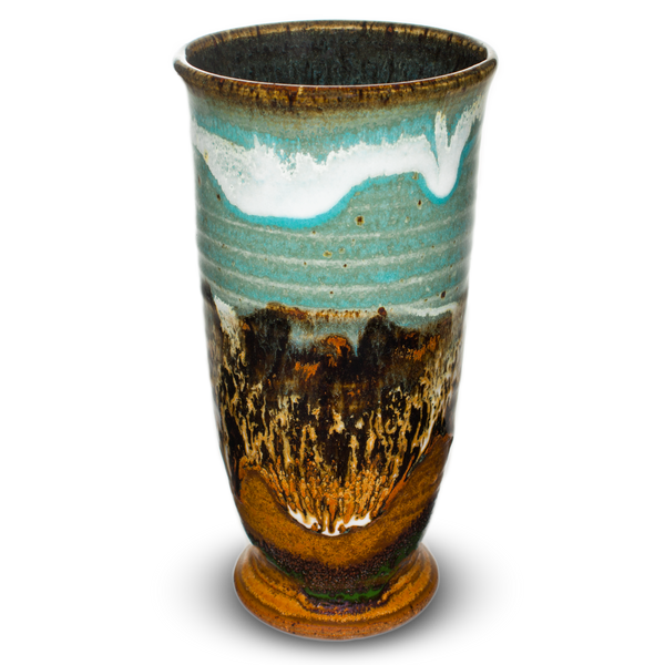 Slender 16oz. handmade pottery cup by Prairie Fire Pottery in pretty turquoise and brown colors.  Hand made in the U.S.A.