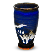 16-ounce blue and black cup. Handmade pottery from Prairie Fire Pottery. High-fire stoneware.