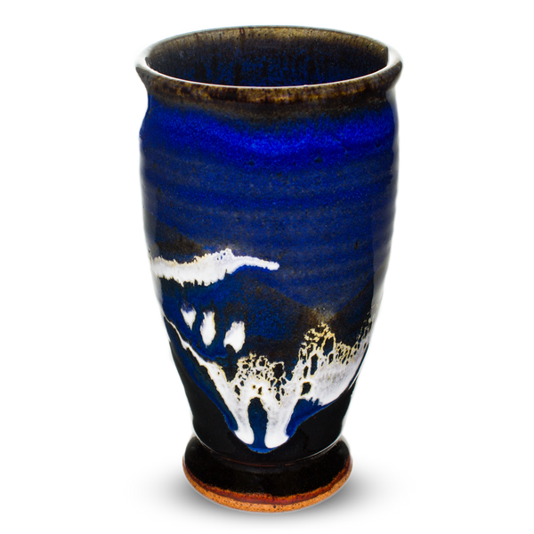 16-ounce blue and black cup. Handmade pottery from Prairie Fire Pottery. High-fire stoneware.