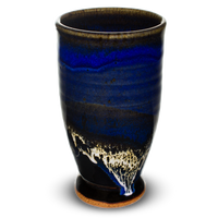16 oz. cobalt blue & black cup accented with gold-white crystals.  Handmade pottery by Prairie Fire Pottery.  Hand made from stoneware clay,