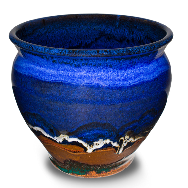 7 inch spoon crock in cobalt blue & brown . Hand made from stoneware clay. Handmade pottery by Prairie Fire Pottery.