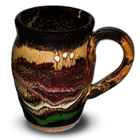 Handmade pottery coffee mug in soft earth tone colors accented in red.  Hand made in the U.S.A. by Prairie Fire Pottery.