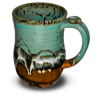 Glaze colors: turquoise-brown.  Handmade pottery stoneware mug.  20 ounce wheel-thrown pottery.  Right side view.