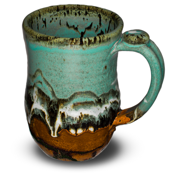 Glaze colors: turquoise-brown.  Handmade pottery stoneware mug.  20 ounce wheel-thrown pottery.  Right side view.