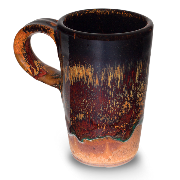 10 ounce stoneware mug in earth tone and red colors.  Handmade pottery.  Wheel-thrown and hand made in the U.S.A. by Prairie Fire Pottery.