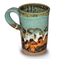 10 ounce stoneware mug in turquoise and brown glaze colors.  Wheel-thrown pottery by Prairie Fire Pottery.  High-fired to 2400°.  Hand made in the U.S.A.