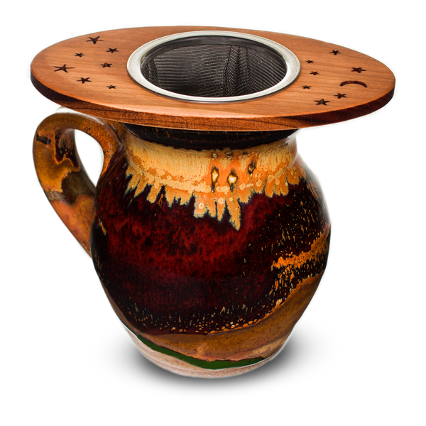 14 oz. handmade pottery mug with cherry wood tea strainer.  Hand made by Prairie Fire Pottery