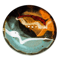 Pretty turquoise & brown small plate.  Handmade pottery by Prairie Fire Pottery in stoneware clay.  High-fired to 2400°.  Overhead view.