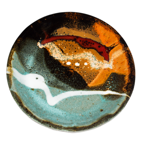 Pretty turquoise & brown small plate.  Handmade pottery by Prairie Fire Pottery in stoneware clay.  High-fired to 2400°.  Overhead view.