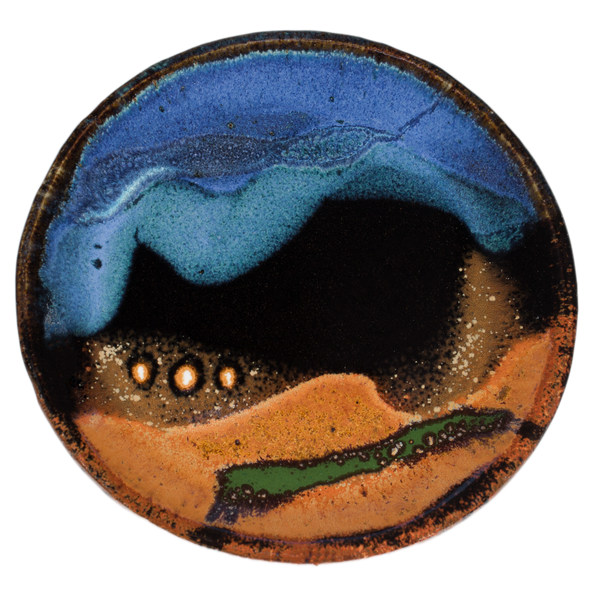 Small plate in cobalt blue-turquoise-brown.  Handmade pottery crafted in stoneware clay by Prairie Fire Pottery.