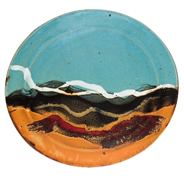 14 inch serving platter.  Handmade pottery by Prairie Fire Pottery.  High-fired, wheel-thrown. Overhead view.