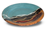 14 inch serving platter.  Handmade pottery by Prairie Fire Pottery.  High-fired, wheel-thrown.  3/4 side view.