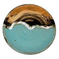 Turquoise-brown 8 inch lunch plate.  Handmade pottery.  Hand made by Prairie Fire Pottery.  Overhead view.