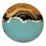 Turquoise-brown 8 inch lunch plate.  Handmade pottery.  Hand made by Prairie Fire Pottery.  Overhead view.