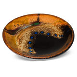 Small brown and black plate accented with blue dots.  Handmade pottery crafted in stoneware clay by Prairie Fire Pottery.  3/4 view.