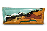 Turquoise-brown rectangular tray. 12 1/2 inches long. Handmade pottery by Prairie Fire Pottery. Hand made in the U.S.A. High-fired stoneware clay.  This is the overhead view.