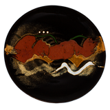 Set of 3 stoneware dinner plates in toasted brown and red on black.  This is handmade pottery from Prairie Fire Pottery.  Overhead view of Plate #3.