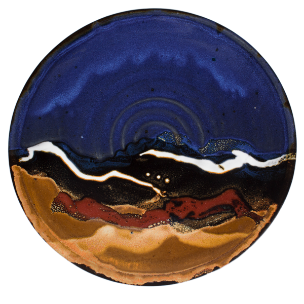 Set of 3 dinner plates in cobalt blue and toasted brown colors.  Handmade pottery by Prairie Fire Pottery.  Plate #1.