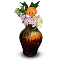 Beautiful red and yellow and toasted orange colors on this hand made vase. It's handmade pottery by Prairie Fire Pottery.  Image show the vase holding flowers from the garden.