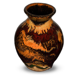 Flared-neck vase with a round body style.  It is glazed in earth tone colors and red.  It is handmade pottery by Prairie Fire Pottery.  Hand made in the U.S.A.