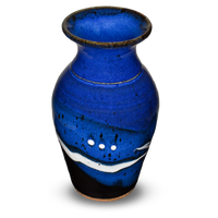 A classic flared-neck vase by Prairie Fire Pottery in a blend of cobalt blues and black.  Handmade pottery crafted in stoneware clay.  Made in the U.S.A.