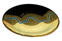 3/4 table top view of a 14 inch yellow and black serving platter.  It's handmade pottery by Prairie Fire Pottery.  Accented with a meandering blue line.  Hand made in stoneware clay.